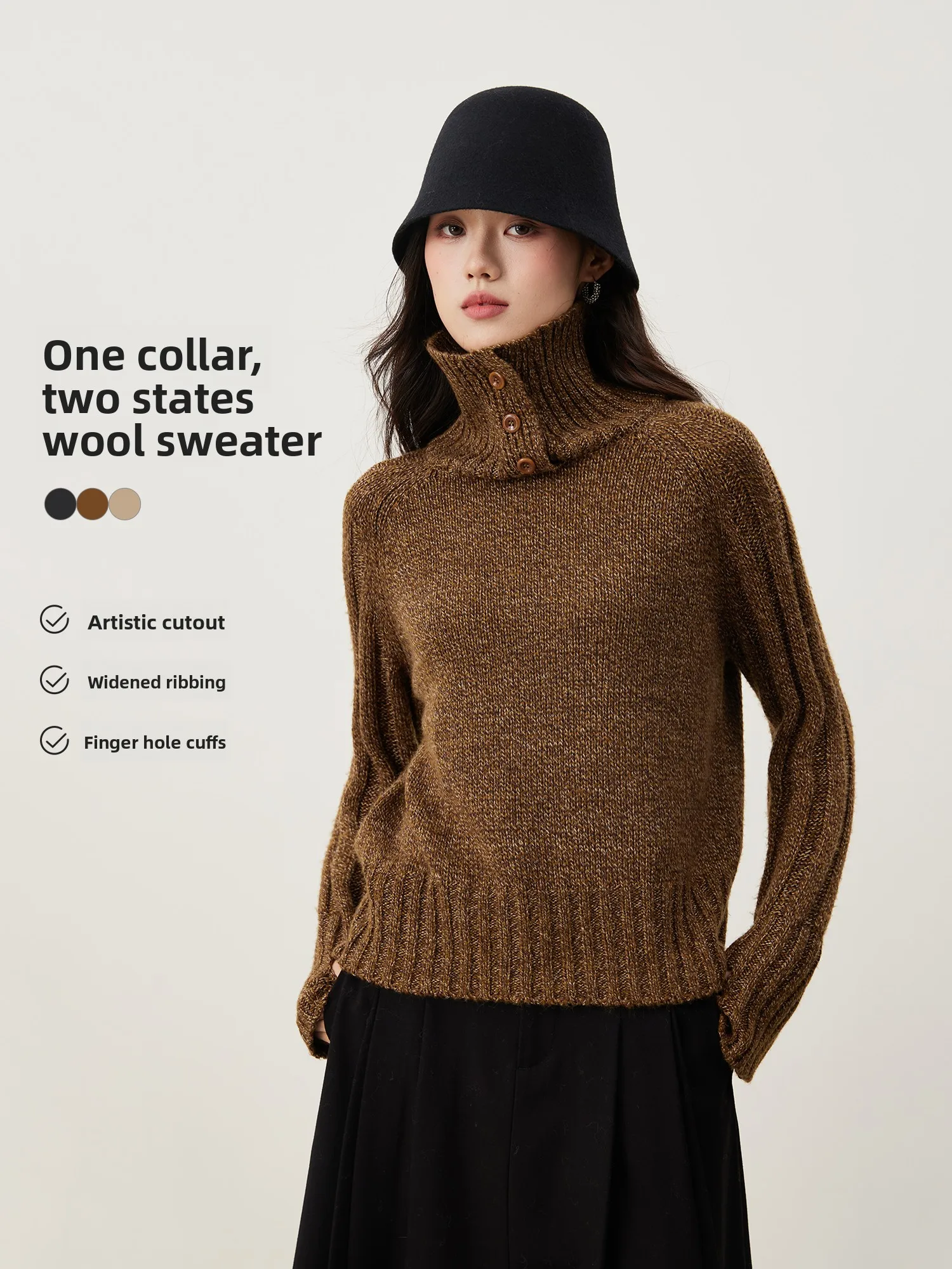 

Ele Sle Women's Knitted Wool Sweater Tee-Button Flip-Collar Long Sve ort Length Faionable Hollow out Texture