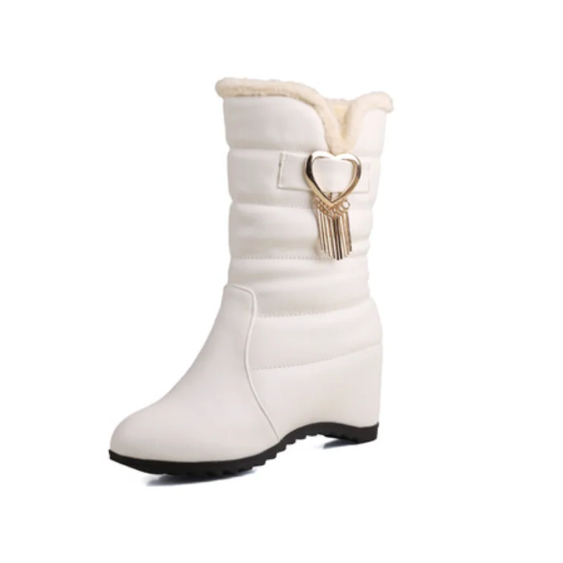 Fashion Women's Winter Fur Snow Boots Black White Mid-calf Boot Female Wedge Heels Decoration Footwear Shoes Ladies Large Size image 3