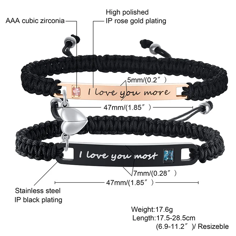 Matching Heart Promise Couples Personalized Bracelets, Custom Engraved Name ID Tag Bracelet, Valentines Day Gift view 2