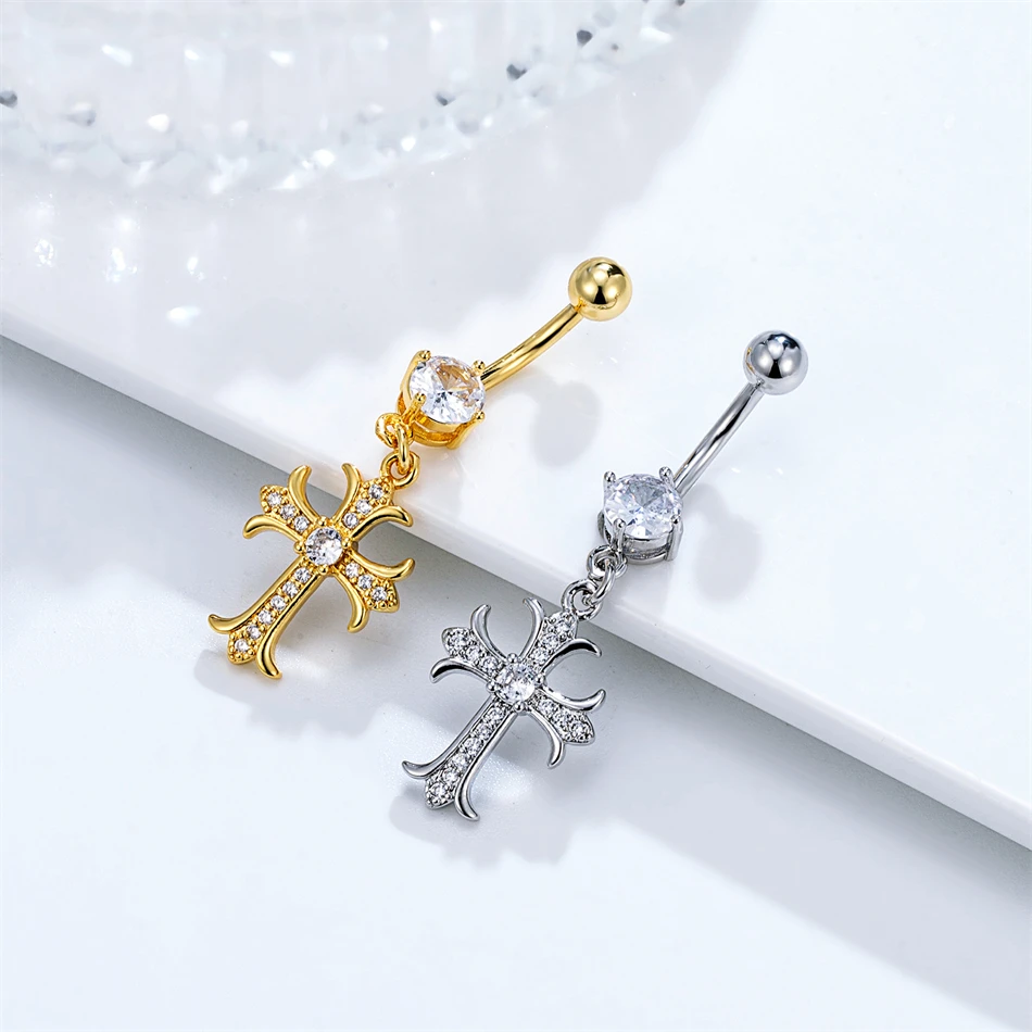 Shiny Silver Color Zircon Cross Dangle Belly Button Ring 14G Titanium Bar Navel Piercing Body Jewelry for Women Sexy Accessories