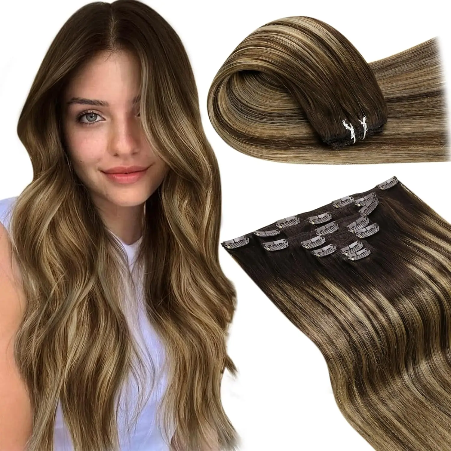 LaaVoo Clip nelle estensioni dei capelli 100% veri capelli umani Lisci naturali Reali Remy Doppia trama Clip nelle estensioni Testa piena 80G e 105G