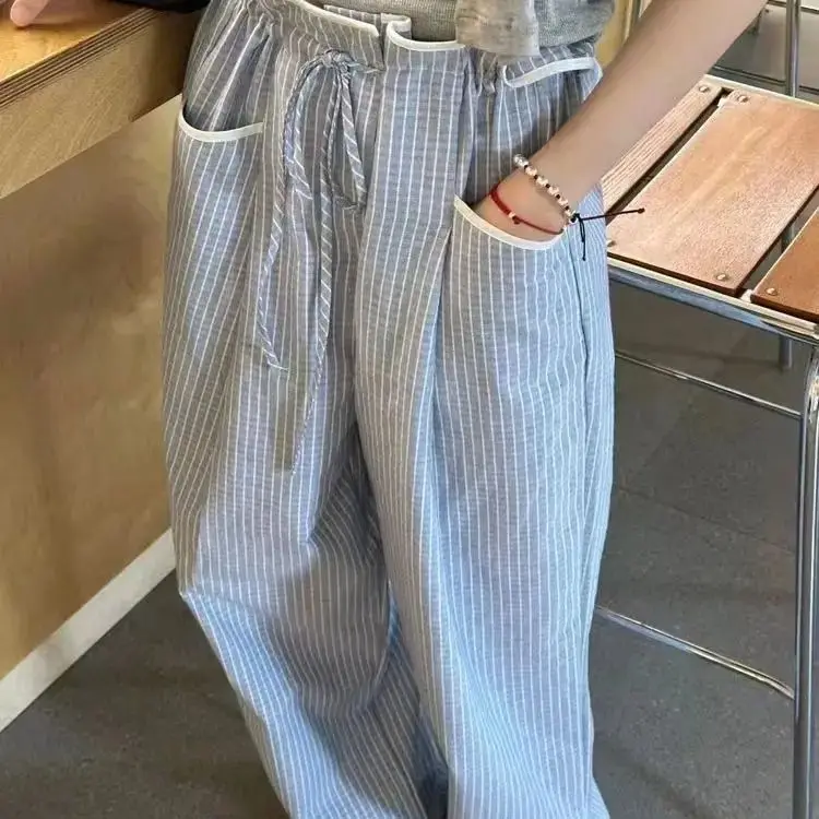 Korean Version Design Drawstring Flower Bud Waist Striped Straight Pants Chic Wide Leg Pants High Waist Loose Long Trousers