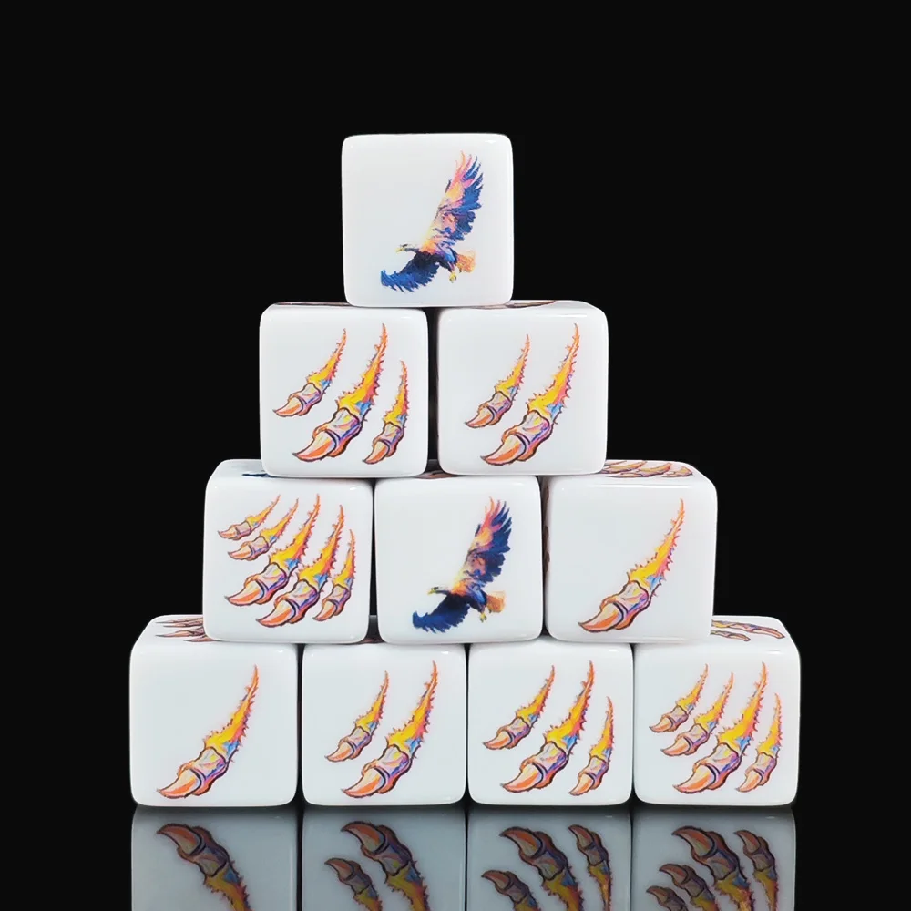 12Pcs 16MM Colorful Eagle And Eagle Claw Print White Acrylic D6 Dice 6 Sided Game Dice For Tabletop Board Game Party Accessory
