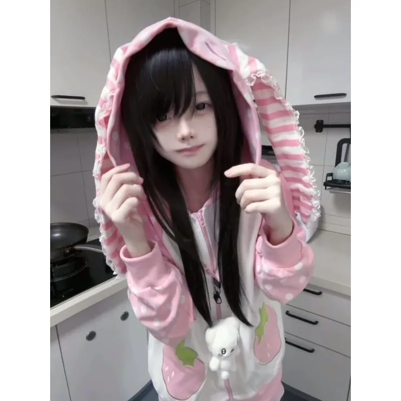 Japanese Kawaii Hoodie Zipper Long Sleeve Subculture Women Casual Coat Dot with Striped Sweet Style Autumn 2025 Female Clothing
