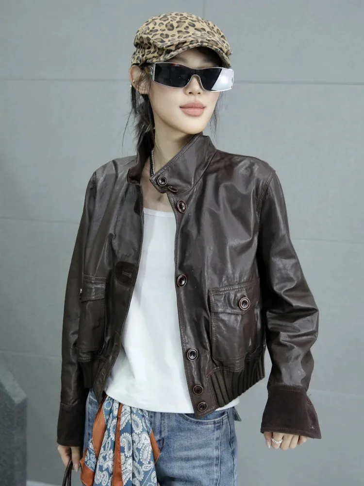 Autumn Vintage Women Single Breasted Genuine Leather Jacket Stand Collar Spliced Casual Outwear Coat Motorcycle Riding Jackets