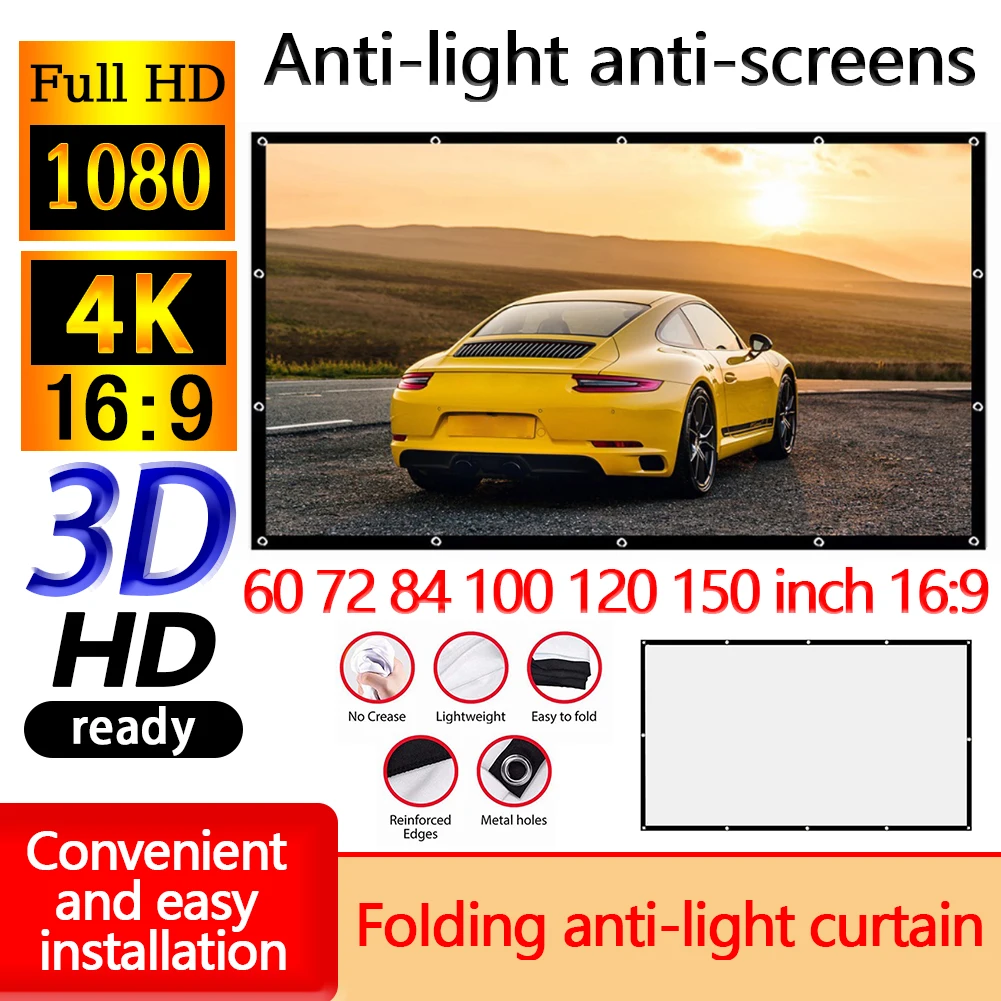 16:9 Simple Projector Curtain 60/72/84/100/120/150 inch Portable HD Display Screen 1080P 3d 4K HD Projector Movie Home Office