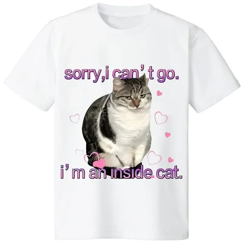 Camiseta de manga corta con cuello redondo para mujer, 100% algodón, suave y cómoda, con estampado gráfico de texto de gato tabby divertido 'Lo siento, no puedo salir, soy un gato de interior', corte holgado, informal, clásica, para uso diario en interiores, para estar en casa o para salir a la calle