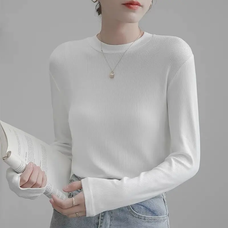 All-Match Small Stand Collar Thread Solid Bottoming Shirt Women  Autumn and Winter New Design Sense Half-high Collar Inne...