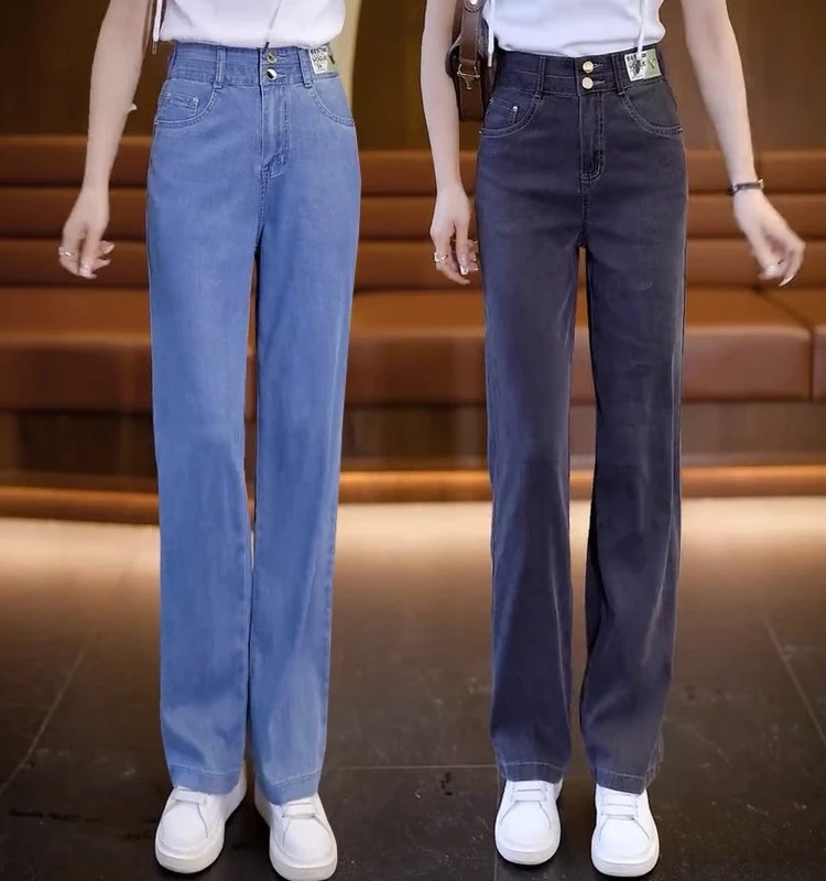 

Женские джинсы с высокой талией и широкими штанинами, весенне-осенние, тонкие, новые, свободные, струящиеся, из ледяного шелка, прямые брюки, хлопковый стрейч-деним