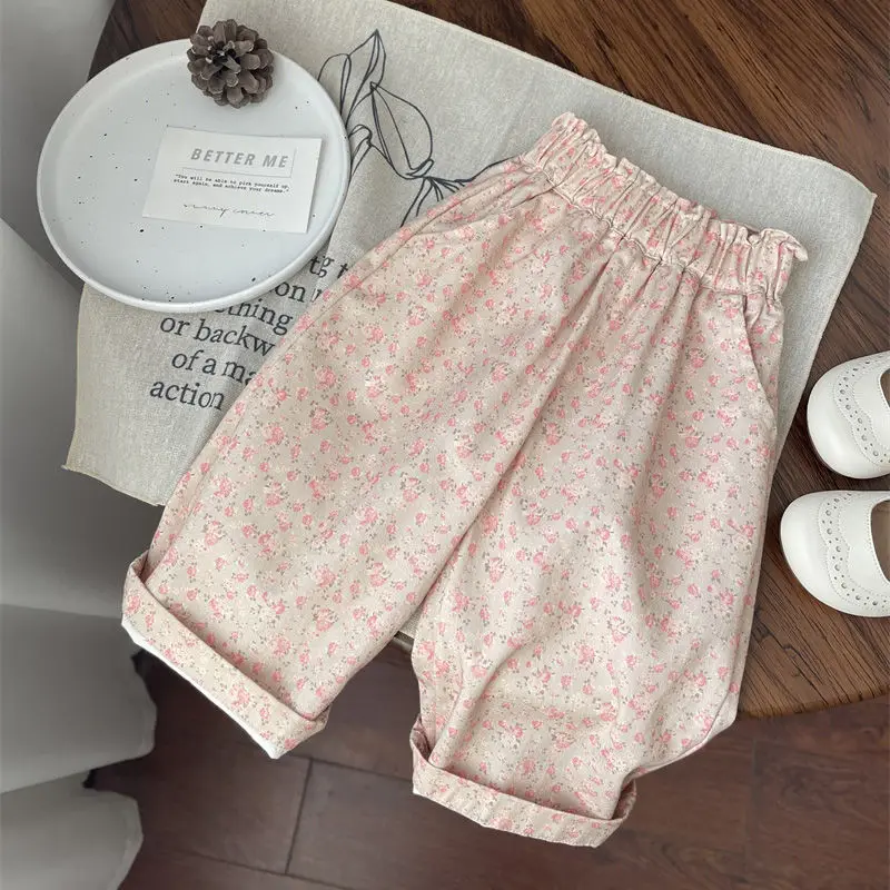 New Girls\' Casual Pants Baby Girls Elastic Waist Loose Wide Leg Pants Pink Floral Print Trousers High Waiste Cropped Pants