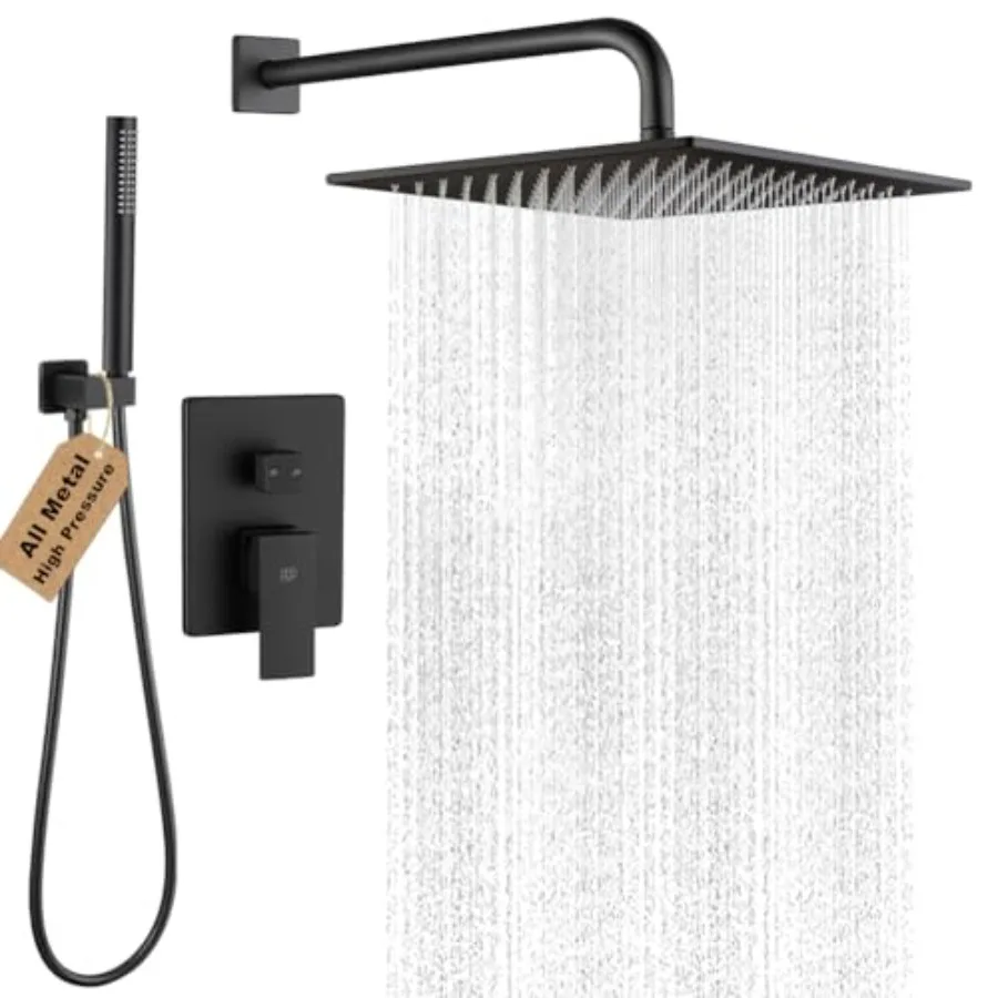 

Matte Black Shower Faucet Set Rainfall 12 Inch Shower Head and Handle Set Bathroom Rain Shower System Wall Mounted Shower Fixtu