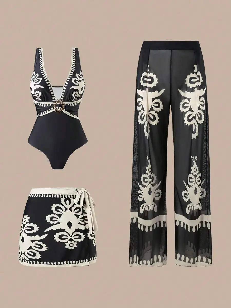 

Women 3pcs Set Deep V-Neck Sleeveless Swimsuit Mesh Long Pants Short Beach Skirt