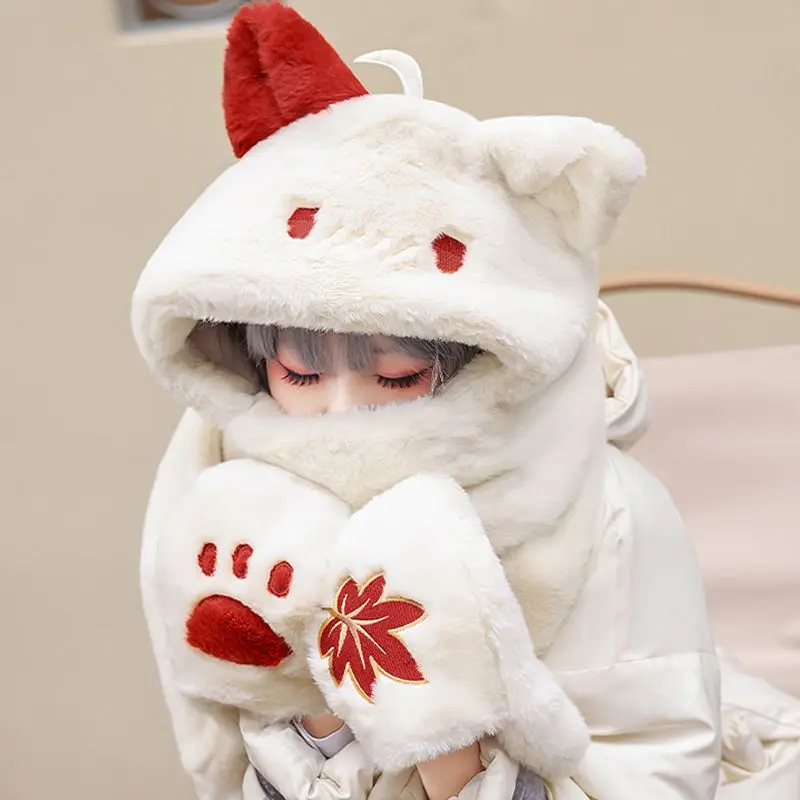 

Genshin Impact Hat Zhongli Venti Kaedehara Kazuha Cosplay Winter Fluffy Headwear with Gloves Scarf Role Play Props Accessories