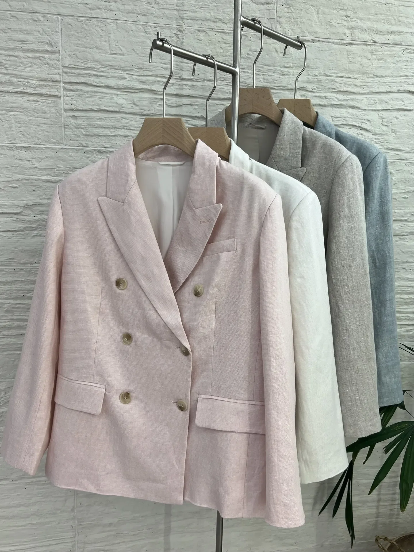 

Autumn Women's Linen Blend 3-Piece Set Double Breasted Notched Blazer + Beaded V-Neck Sleeveless Vest + Elastic Waist Pants Suit