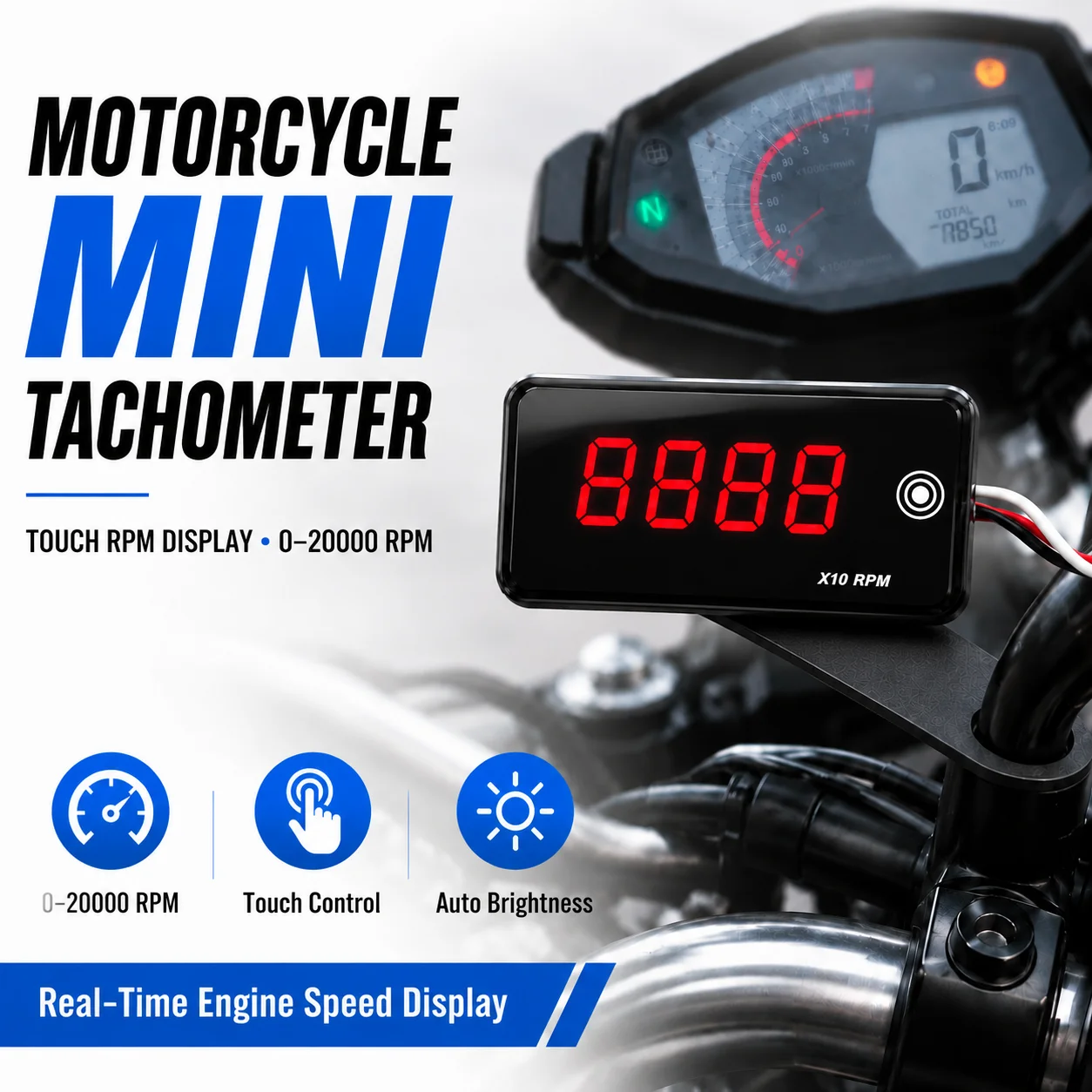 Motorcycle Mini Digital Tachometer RPM Meter LED Touch Screen Engine Speed Gauge 0-20000RPM Universal for Honda Yamaha Kawasaki