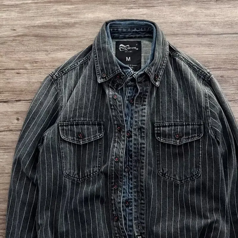 

Autumn Winter Large Size Men's Denim Striped irt Casual Long Sve Outerwear Top Trendy Artistic Hong Kong Sle