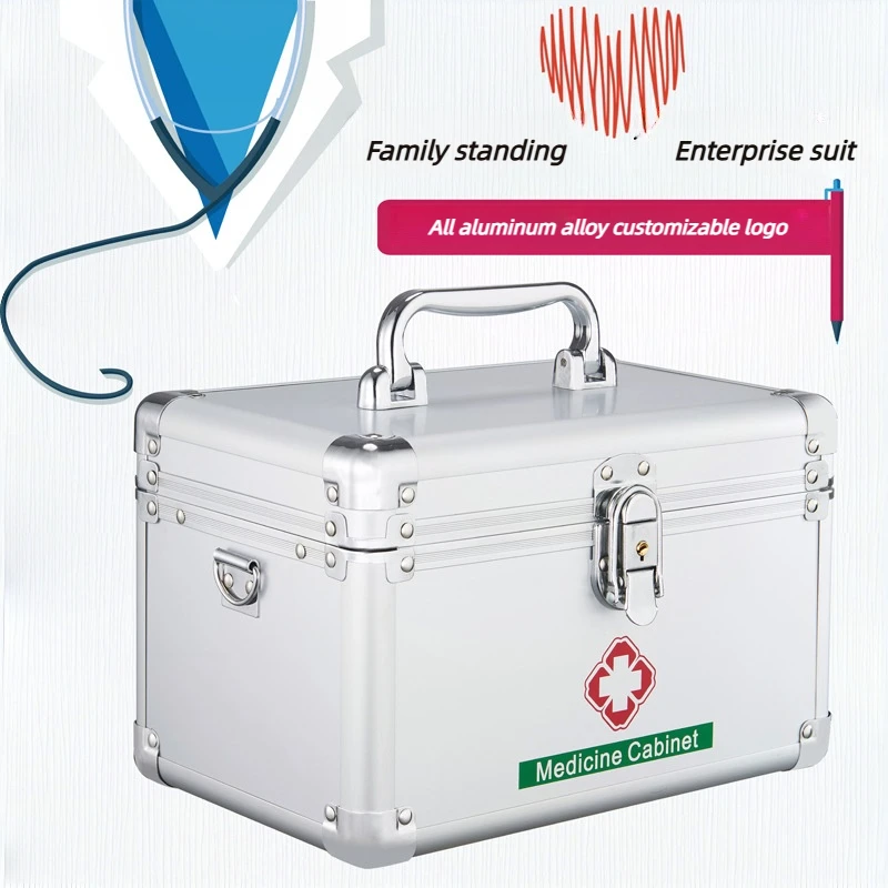 Made of all aluminum alloy, portable and sturdy with handle, household enterprise first aid kit, layered and large capacity