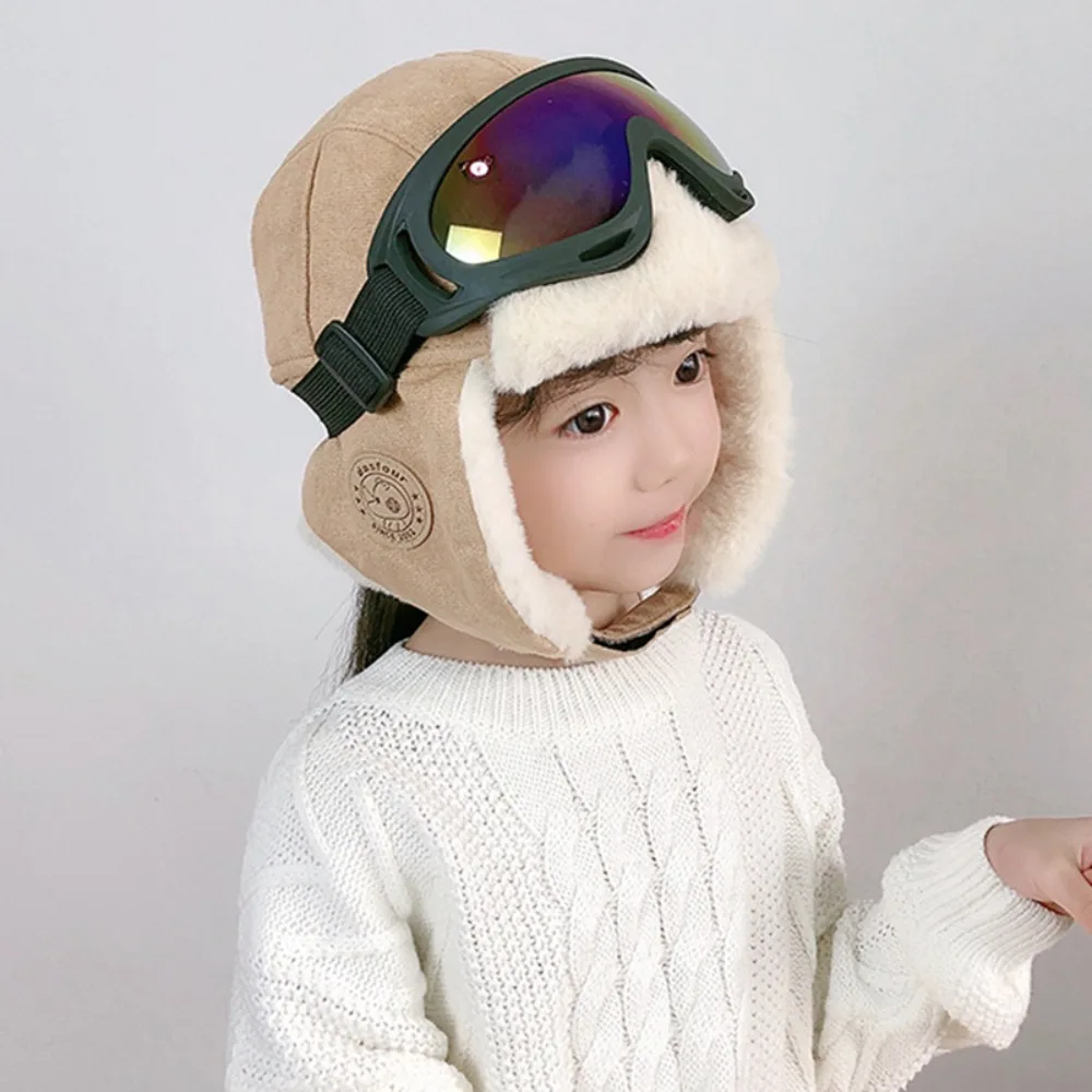 Cartoon Warm Ski Cap with Glasses Cute Goggles Plush Pilot Hat Windproof Soft Ear Protection Hats Outdoor