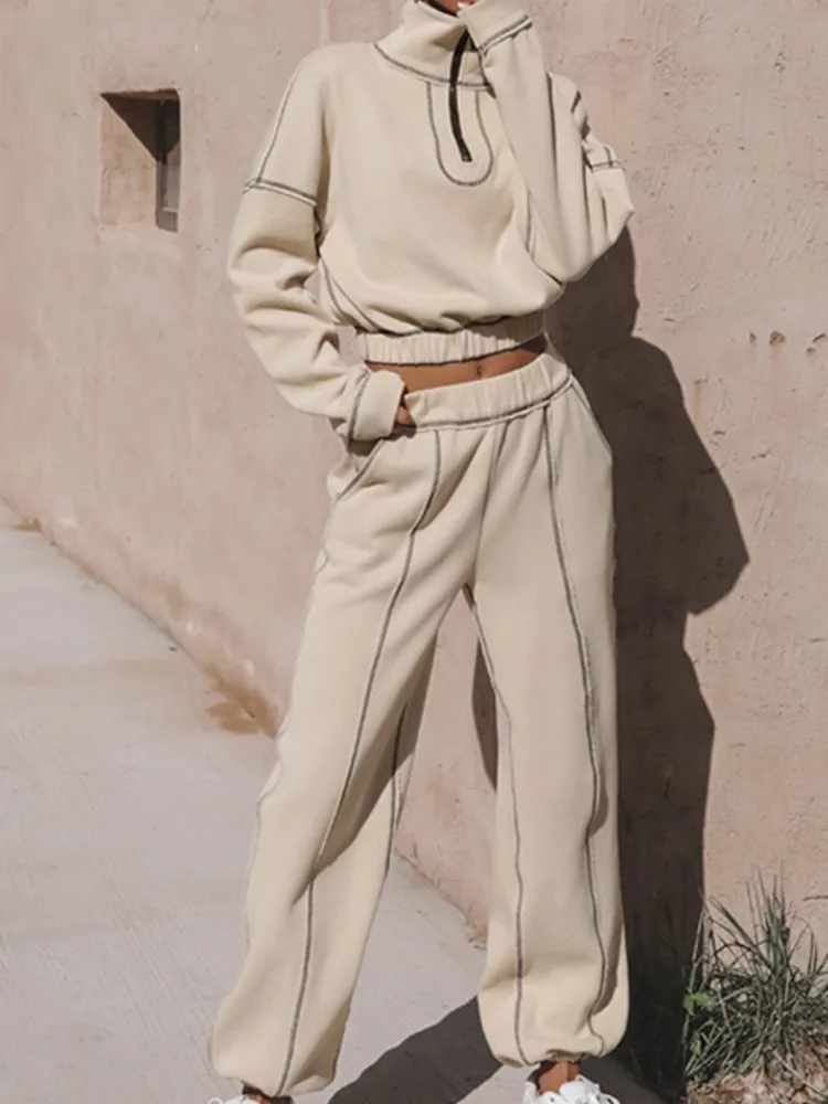 

Красивый осенне-зимний новый женский воротник на молнии с яркой нитью, украшение с эластичной резинкой на талии и длинными рукавами, спортивный комплект для отдыха, комплект из двух предметов