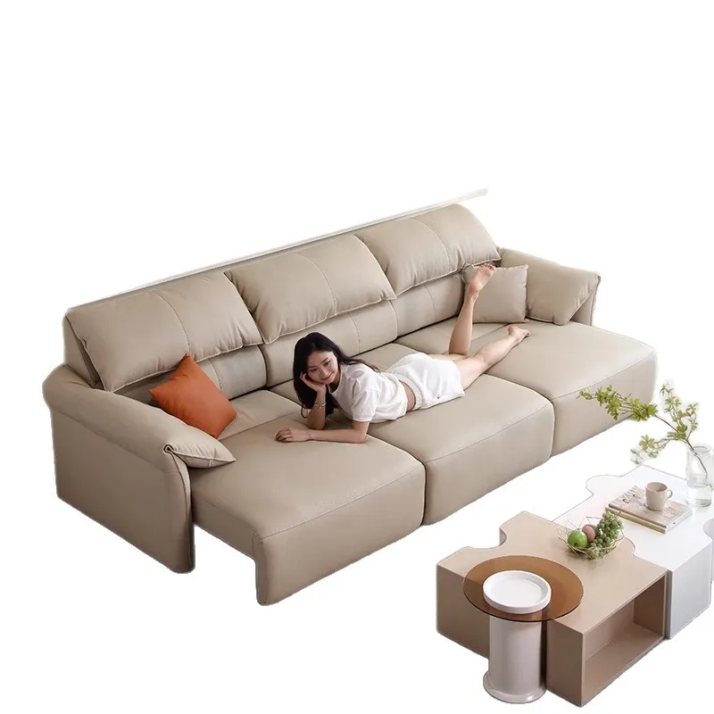 

Leather sofa zero wall retractable electric sofa bed multi-functional dual-purpose home theater living room three people