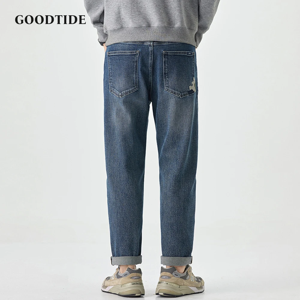 Fashion Men's Slightly Elastic Tapered Jeans 2025 Autumn New Graphite Washed Rolled Hems Casual Denim Trousers Size 28-38