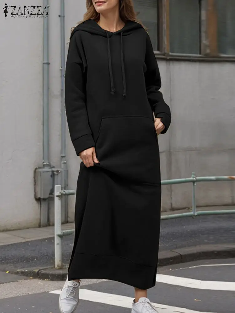 Women\'s Hooded Hoodies Autumn Winter Sweatshirt Dress 2024 ZANZEA Fashion Long Sleeve Solid Robe Casual Baggy Vestidos Kaftan
