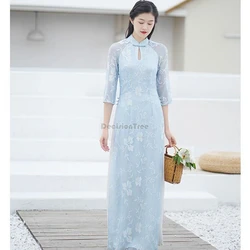 2026 vietnam aodai fairy temperament dress chinese exquisite floral printing tea art vestido hollow out slim ao dai split dress