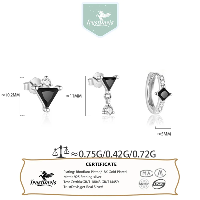 TrustDavis Reale 925 Sterling Silver Moda semplice Triangolare Nero Singolo Impilato Orecchino per Le Donne Ragazze Regalo Dei Monili DS4743