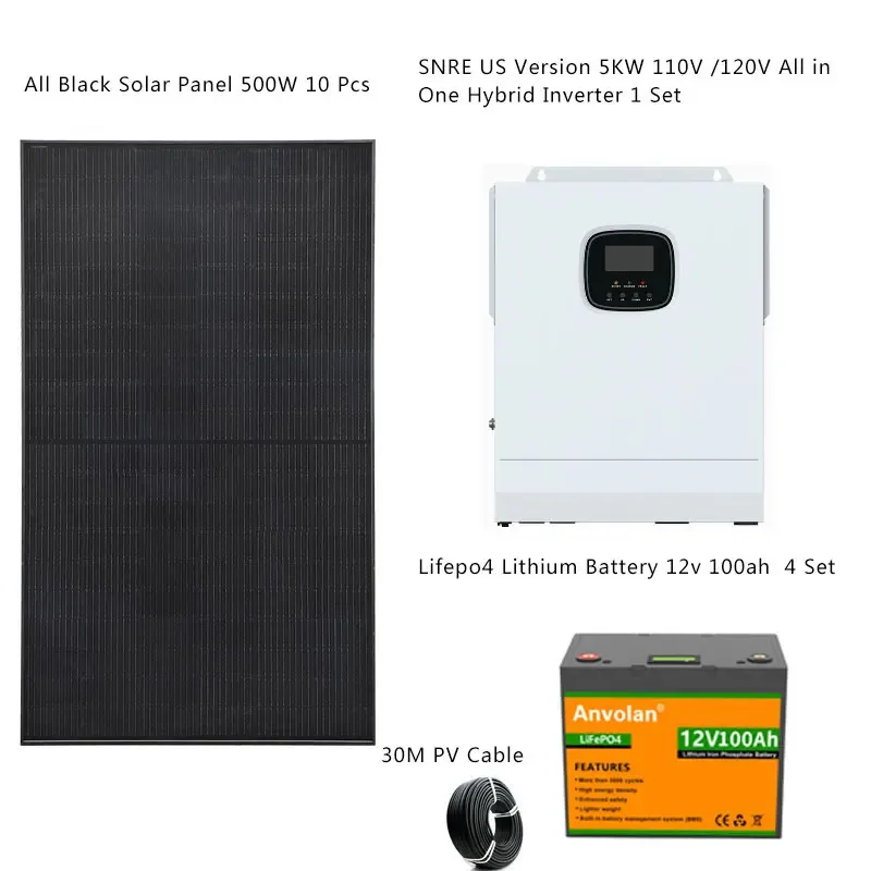 Sola Kit Complete With Lifepo4 Lithium Solar Battery 5KWH 5000W 110V 220V Hybrid Inverter Home Off Grid Car Camping Caravan