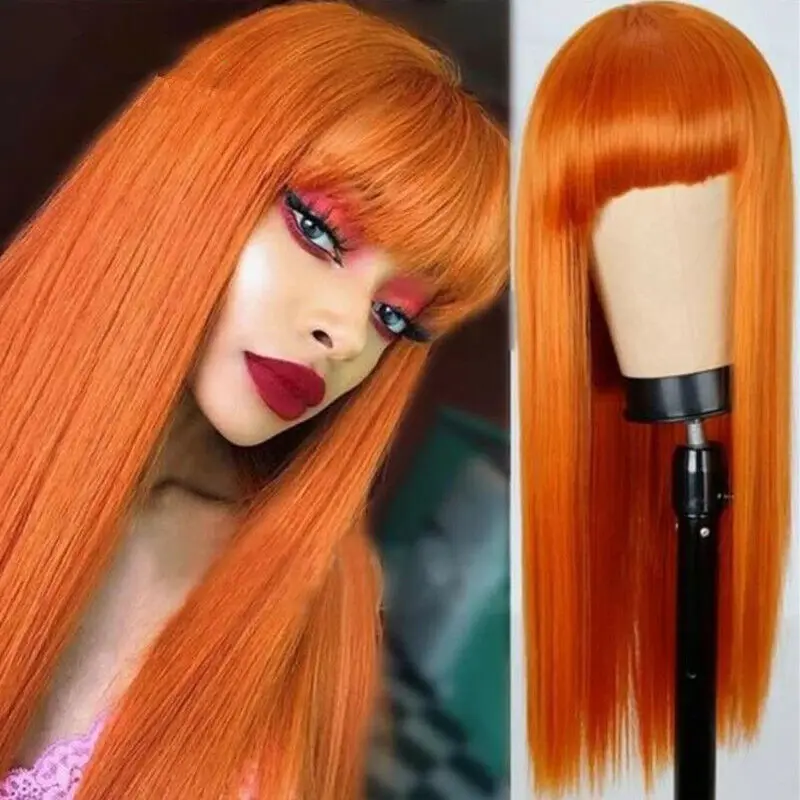Woman Long Orange Straight With Bangs Highlight Synthetic Costume Party wig