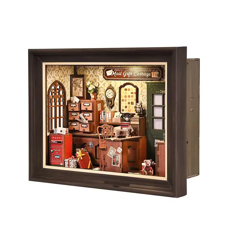 Retro Post Office Book Nook DIY Kit with LED Light 3D Wooden Miniature Scene Model Bookshelf Insert Decor Handmade Craft Gift