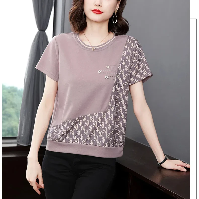 Temperament Summer Women\'s Pure Cotton Printing Buttons Patchwork Fashion Versatile Office Lady Loose Short Sleeve T-Shirts Tops