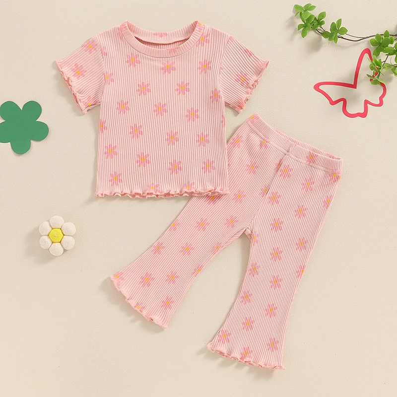 

2024-04-05 Lioraitiin Kids Girl Summer Outfits Daisy Print Ribbed Short Sleeve T-Shirt and Elastic Flare Pants Cute Clothes