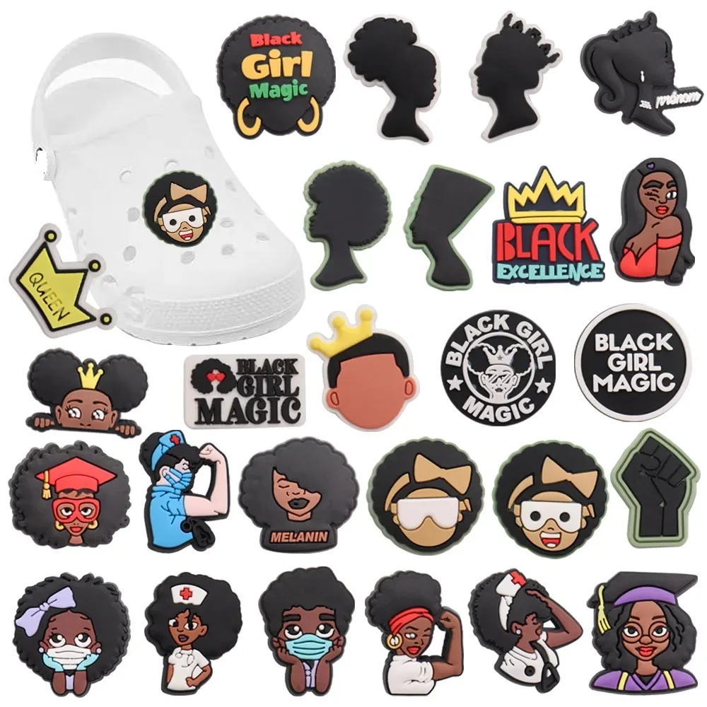 1-100pcs Black Girl Magic Excellence Queen Melanin Woman PVC Shoe Charms Buckle Clog Fit Wristbands Hole Slipper Decoration