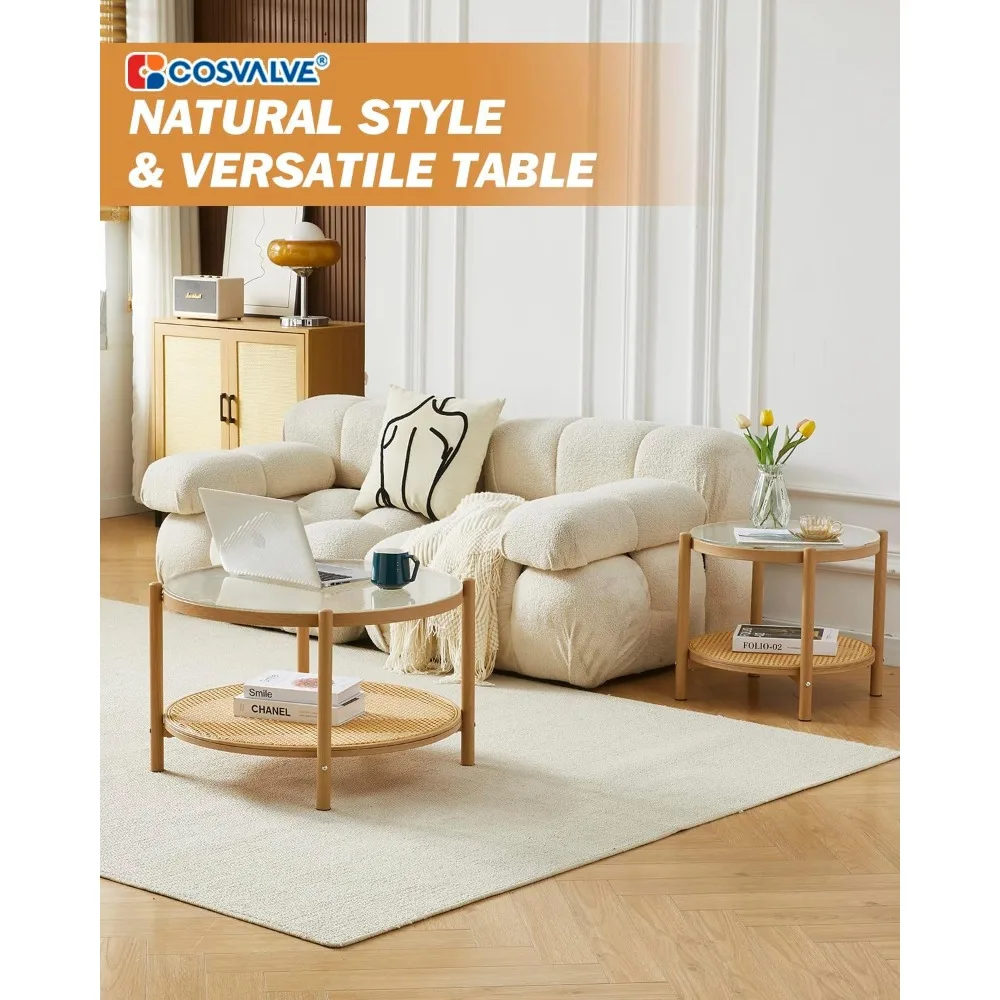 طاولة قهوة، طاولة مركزية معدنية زجاجية مستديرة، طاولة متوسطة حديثة وبسيطة من طبقتين للمعيشة في مساحة صغيرة