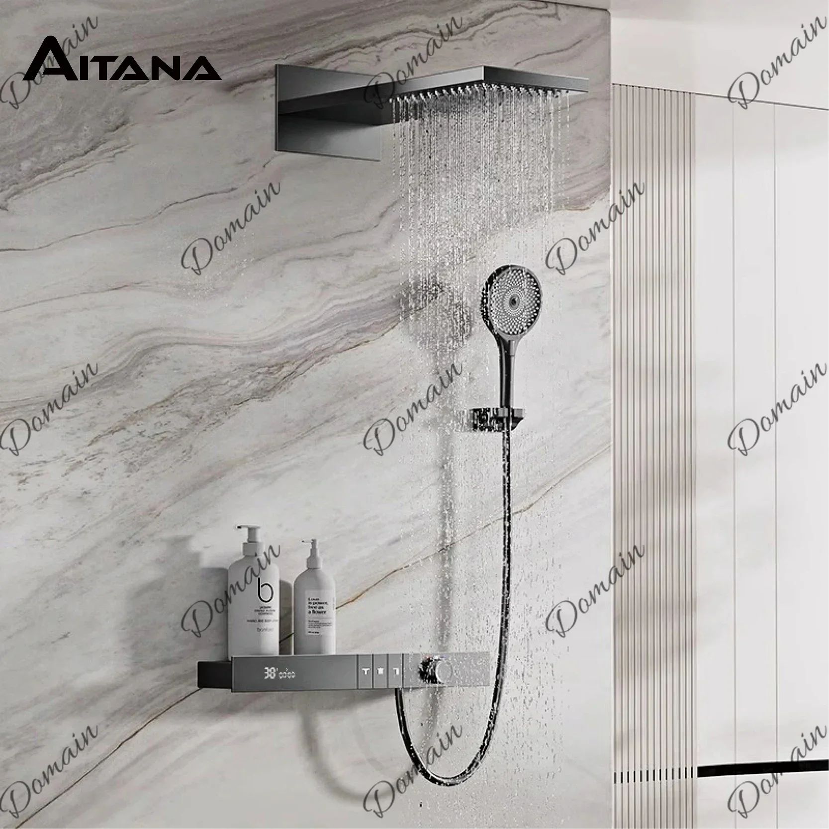 9PS Gun Grey Brass Wall-Mounted Rainfall Shower Set，LED Display With Waterfall Outlet Anti-Scald In Wall Style Bathroom Faucet