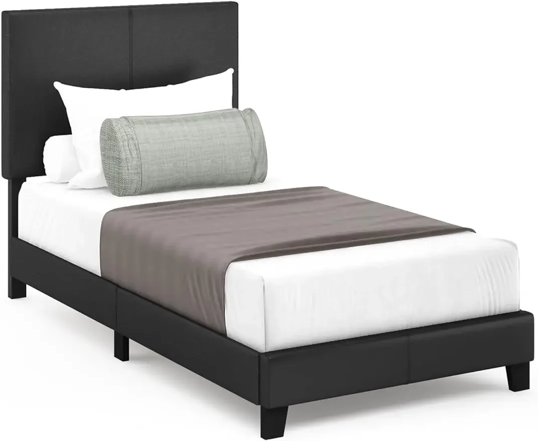 Twin PU Leather Upholstered Platform, Headboard Fill with Foam, Lightweight, Sturdy & Durability, Squeak Resistant, Black