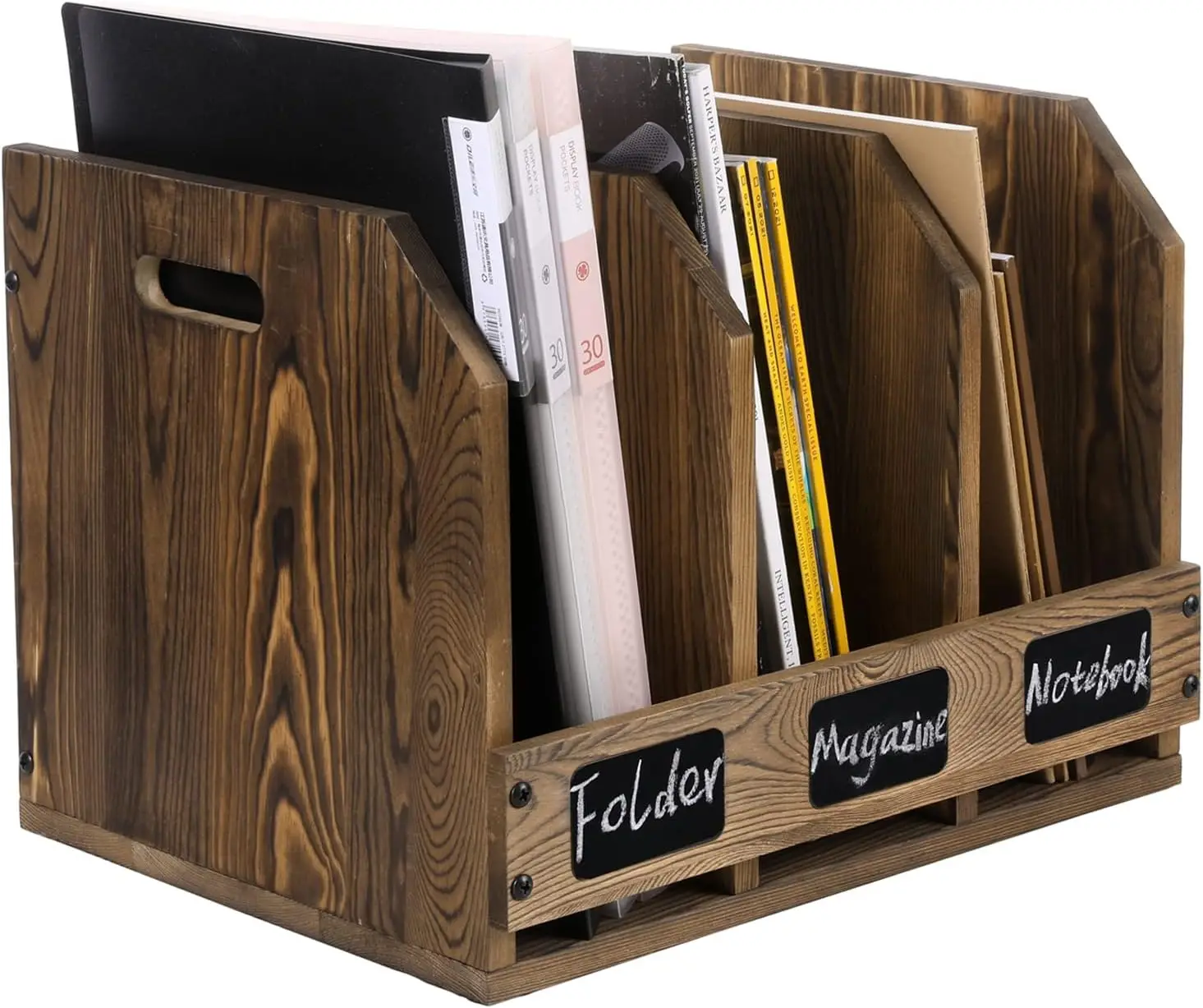 

Rustic Wooden Document Organizer with 3 Compartments and Chalkboard Labels for Office Desk Storage