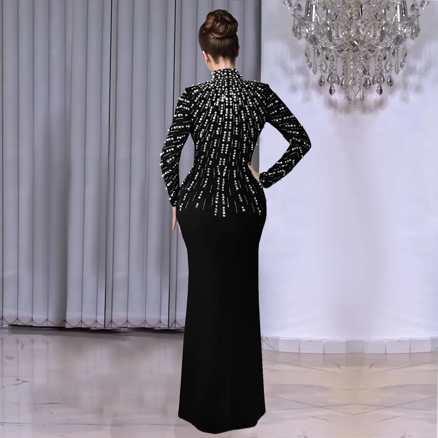 Temperament Elegant Party Diamond Pearl Long Bodycon Dress Women O Neck Long Sleeve Glitter Club Evening Black Sheath Maxi Dress