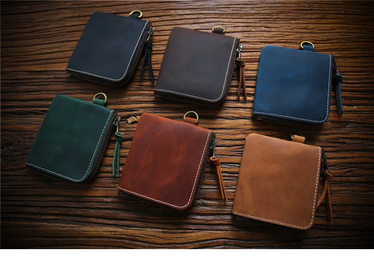 Handmade Vintage Men's Wallet Leather Short Zip Money Clip Layer Cowhide Leather Clip Crazy Horse Leather Student Coin Wallet