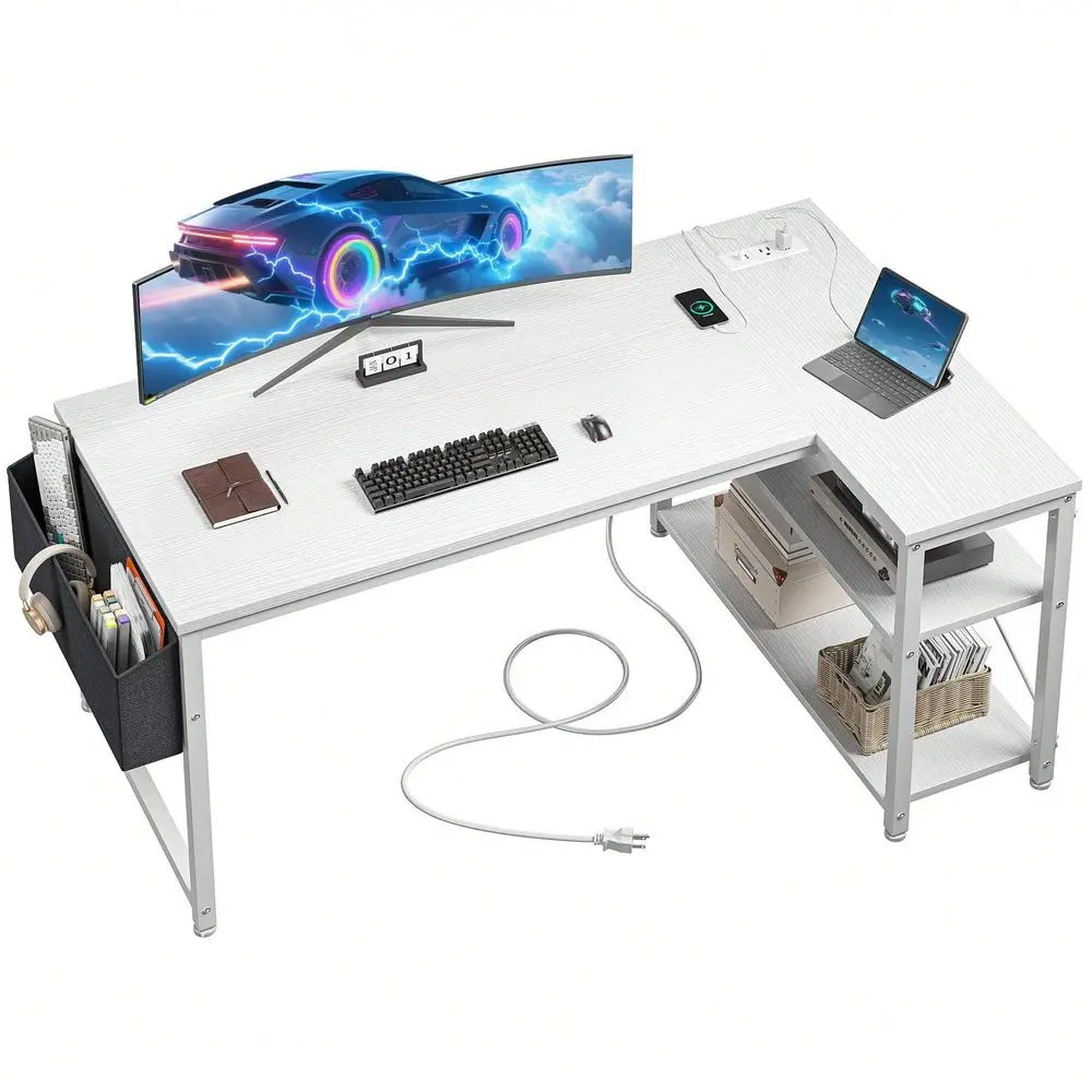 

LShaped Gaming Desk With Storage Shelves, Power Outlets Side Bag Corner Computer Desk For Small Spaces, White