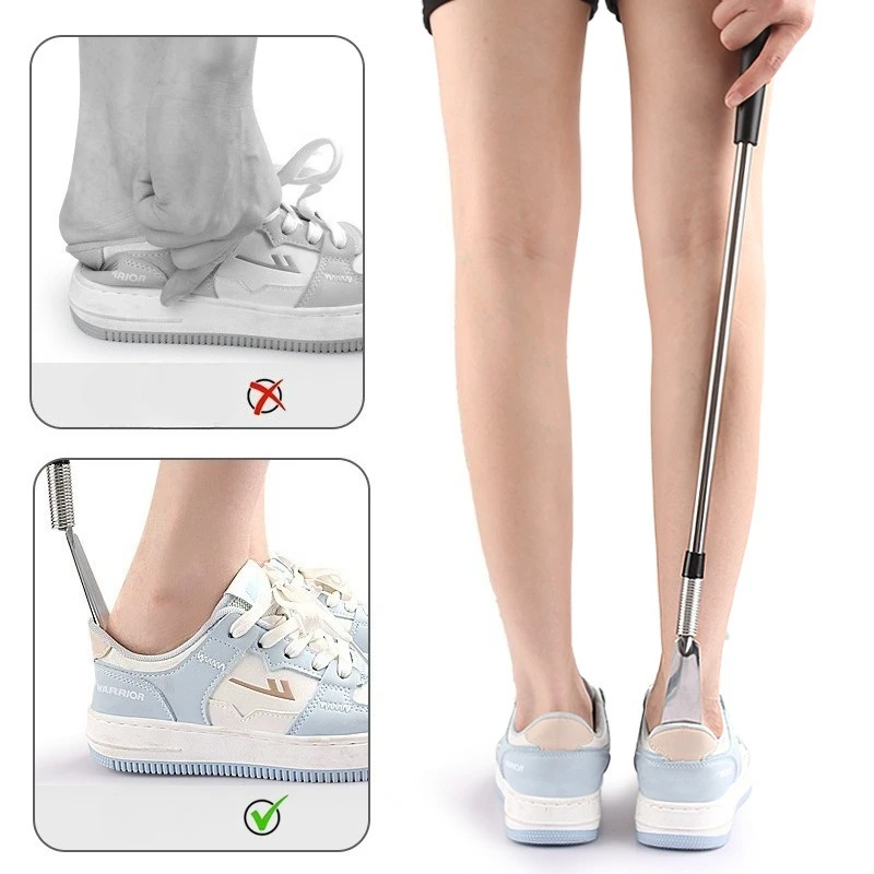 Stainless Steel Silvery Bendable Adjustable Angle Mechanical Spring  Long Style Shoe Puller Plastic Handle Elegant Commute