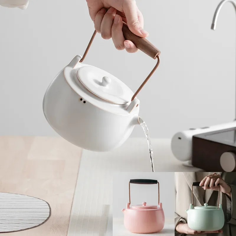 Rustic Pottery Soda Glaze Teapot Set with Walnut Handle Electric Ceramic Stove Kung Fu Tea Kettle Gift Box for Home Office