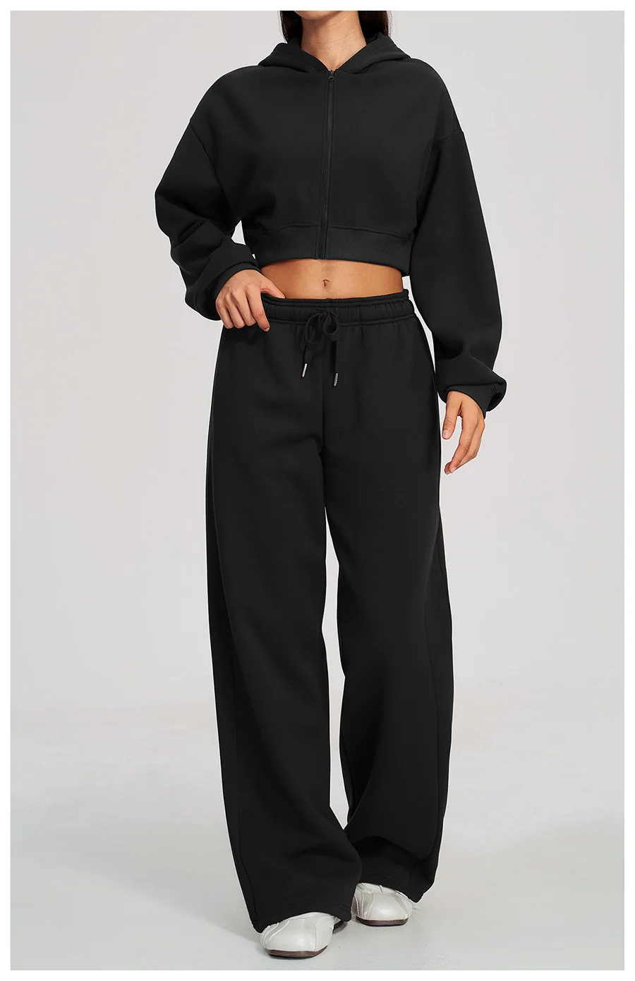 Neue Mode Damen Winter Fleece Pullover 2-teiliges Set Lässiger Kurzer Mantel mit Kapuze Reißverschluss Sport-Trainingsanzug Jogginghose Fitness-Set – Detail 31