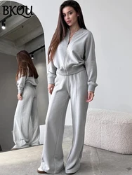 BKQU Solid Pants Set Women's Tracksuit 2025  Long Sleeve Zipper Jacket and High Waist Wide Leg Pants Two Piece Set Autumn Winter