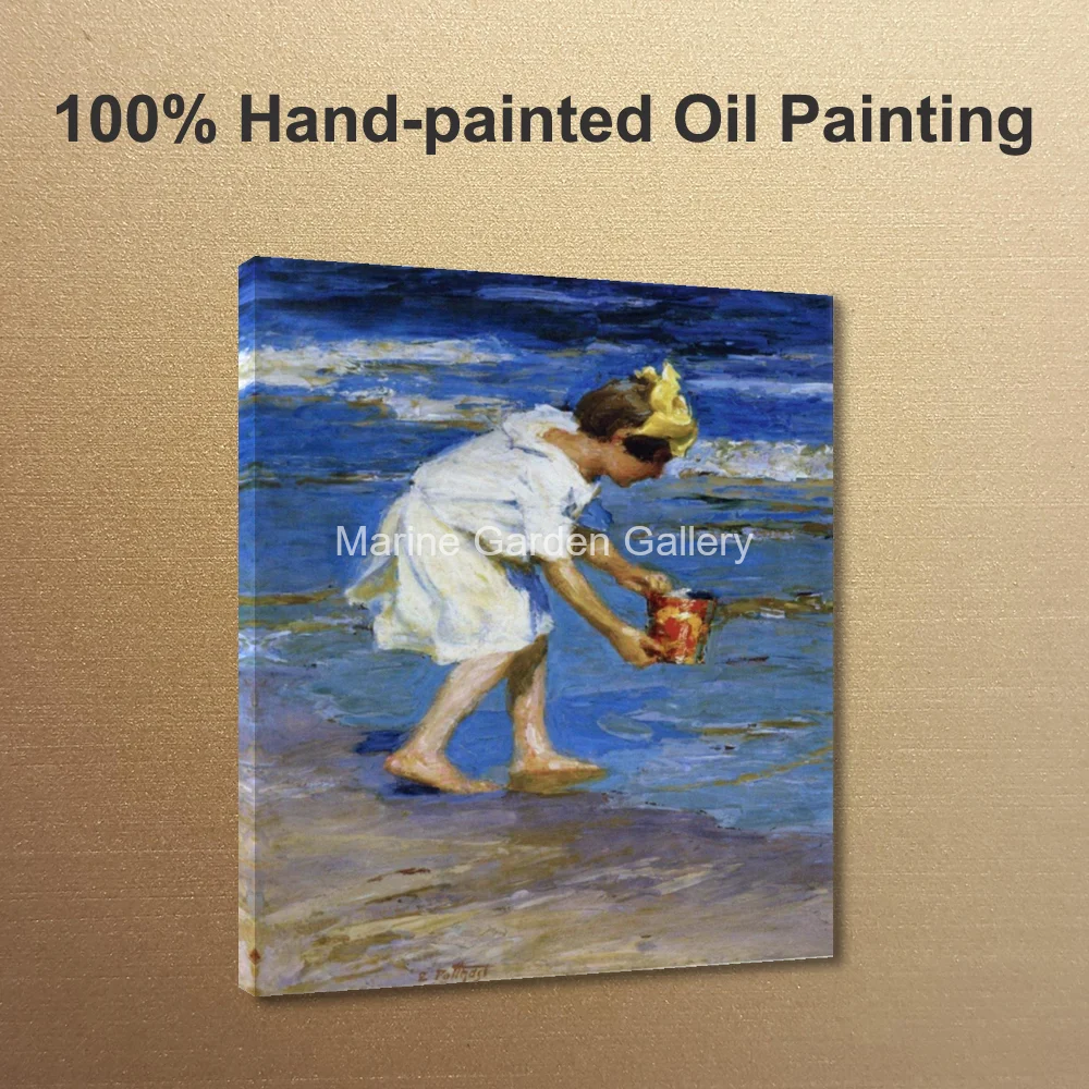 Hand Painted Framed Oil Painting Children Playing on Beach Impressionist Canvas Wall Art for Kids Room Bedroom Modern Decor
