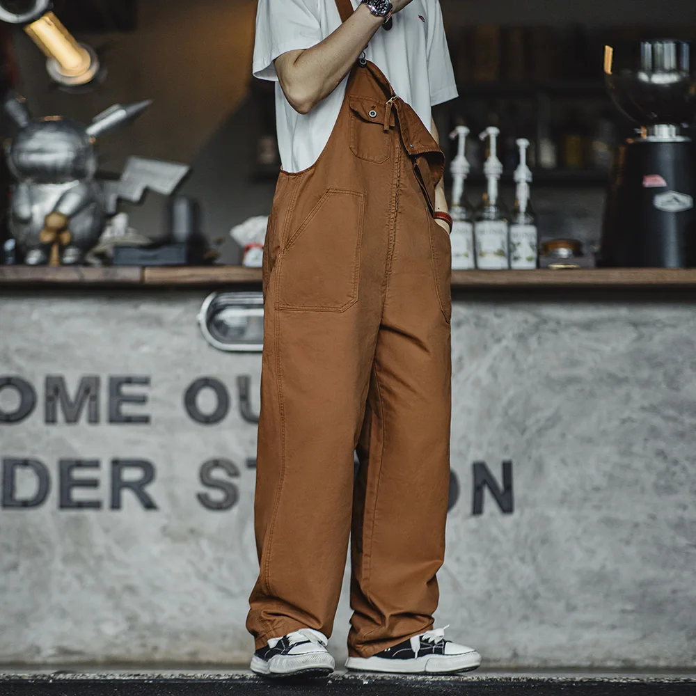 Maden New Retro Men's Solid Color Overalls Casual Straight Jumpsuit with Pockets Design Trousers for Daily Spring and Autumn