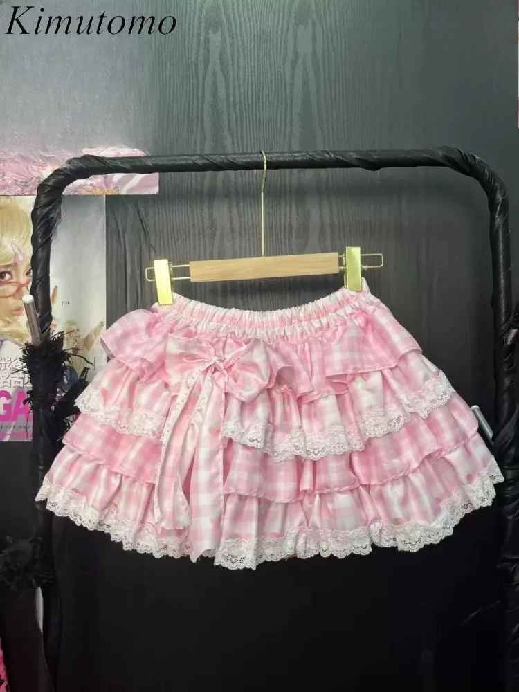 Kimutomo Pink Plaid Sweet Fluffy Puffy Cake Skirt Lace Bow Lolita Style Y2k Aesthetic Harajuku Mini Tutu Skirt Female Casual