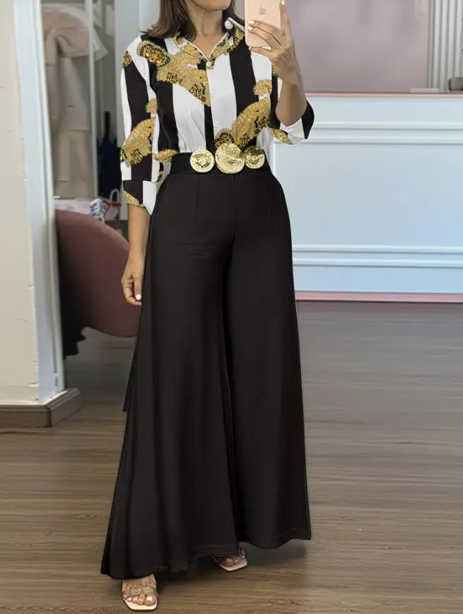 

2-Piece Striped and Gold Floral Print Lapel Button Top and Casual High Waisted Elastic Wide Leg Pants Set