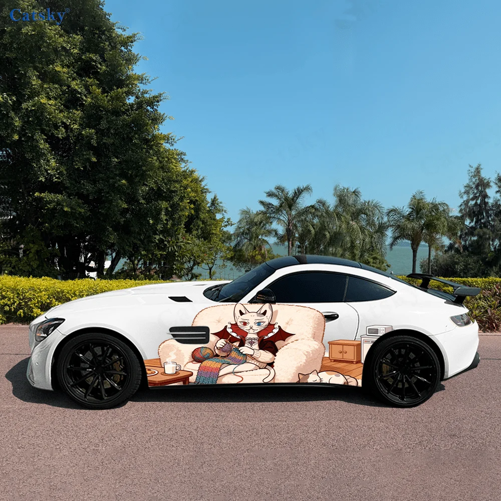 

White Cat Heat and Knit Yarn Car Vinyl Wraps Decal Self-adhesive PVC Sticker Suitable for Trucks SUV Decor Auto Accessories Gift
